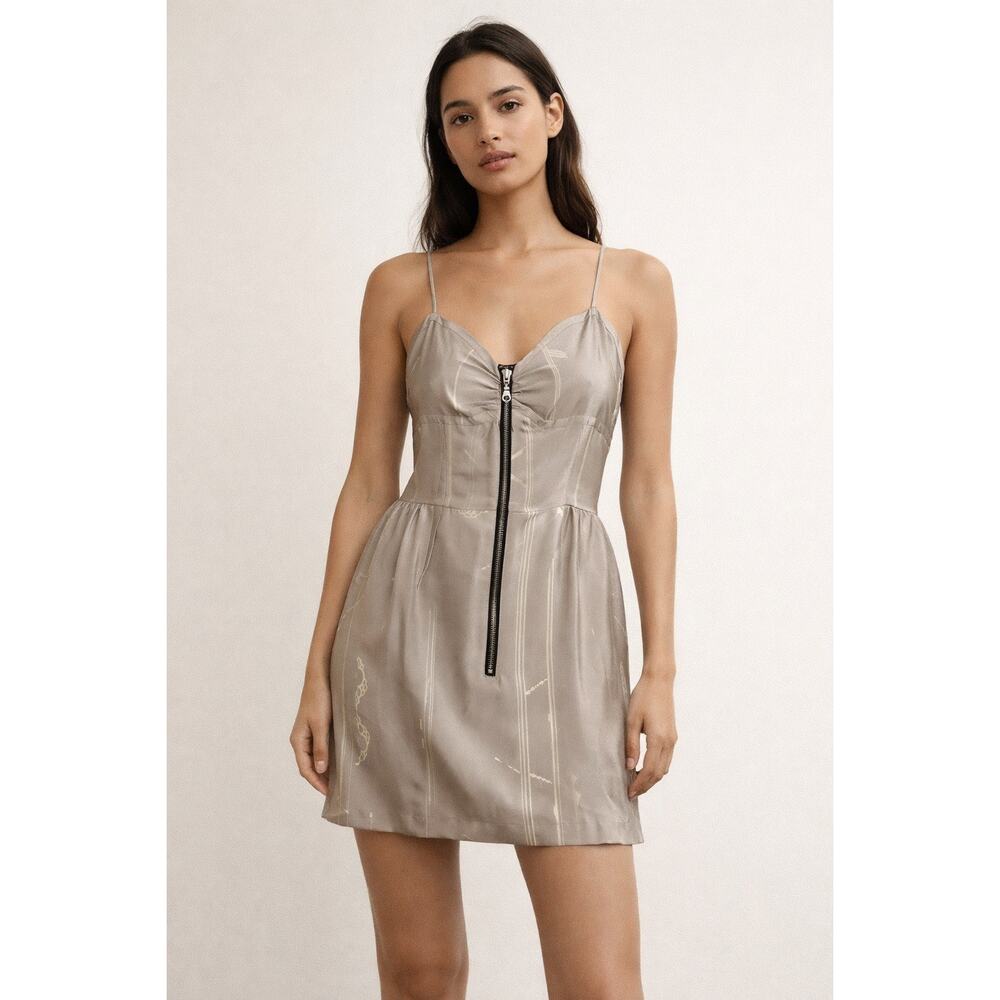 Vena Cava Womens Zip Front Gray Silk Geo Print Spaghetti Strap Fit & Flare Dress